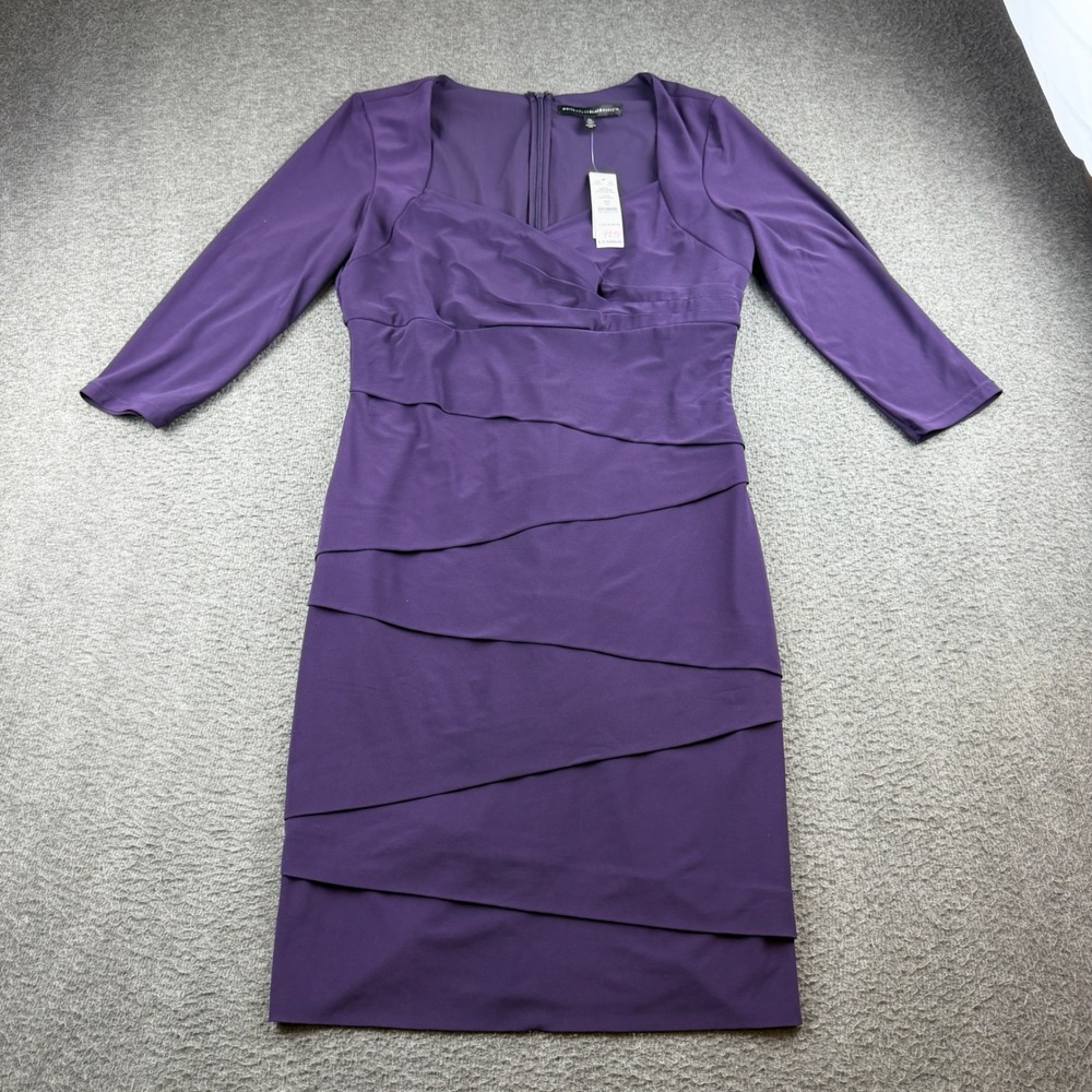 White‎ House Black Market Sheath Dress Women's 12 Purple Tiered 3/4 Sleeve